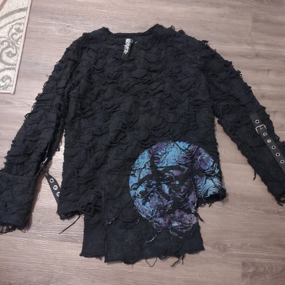 Distressed Black Sweater with Blue and Purple Patch